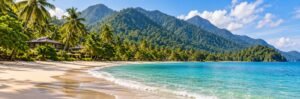 Original Koh Chang-inspired illustration of a long sandy beach below forested mountains