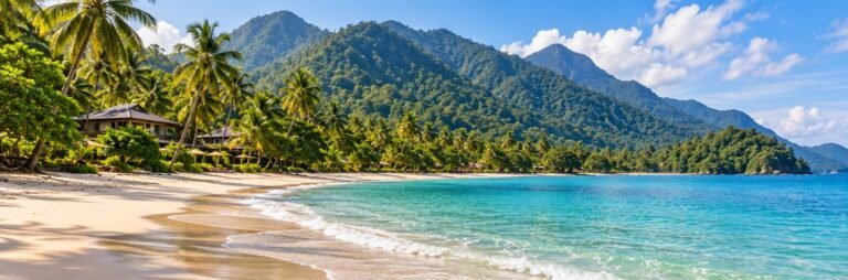Original Koh Chang-inspired illustration of a long sandy beach below forested mountains