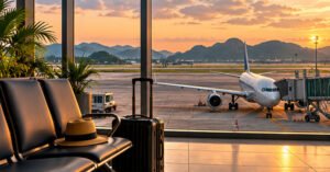 Original cinematic illustration of a Thailand airport waiting area with a suitcase and an aircraft outside at sunset.