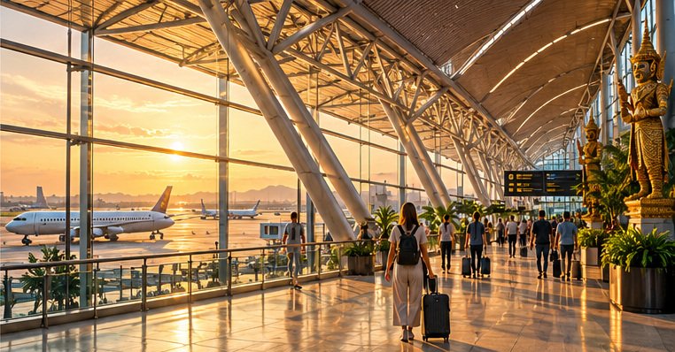 Original illustration of a bright contemporary Thai airport concourse with travellers and an aircraft outside.