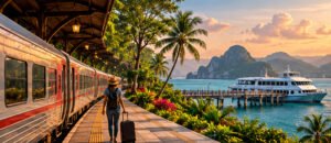 Original conceptual travel illustration combining a Thai train platform and a ferry beside a tropical bay.