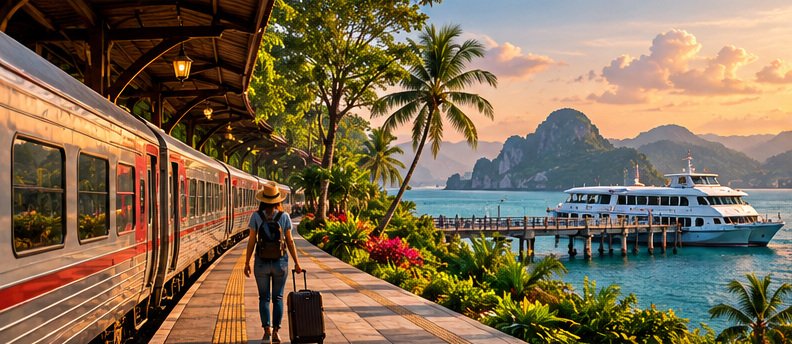 Original conceptual travel illustration combining a Thai train platform and a ferry beside a tropical bay.