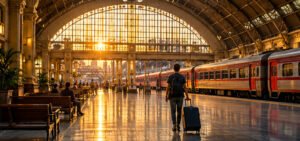 Original warm-lit illustration of a traveller inside a historic Bangkok-style railway hall beside passenger trains.