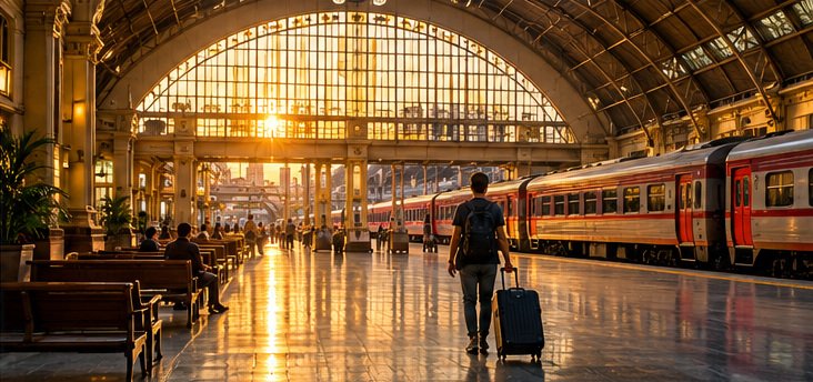 Original warm-lit illustration of a traveller inside a historic Bangkok-style railway hall beside passenger trains.