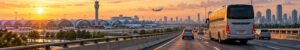 Original panoramic illustration of an airport coach and road traffic beside a Bangkok-style airport at sunset.