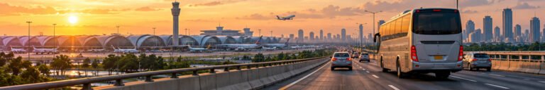 Original panoramic illustration of an airport coach and road traffic beside a Bangkok-style airport at sunset.