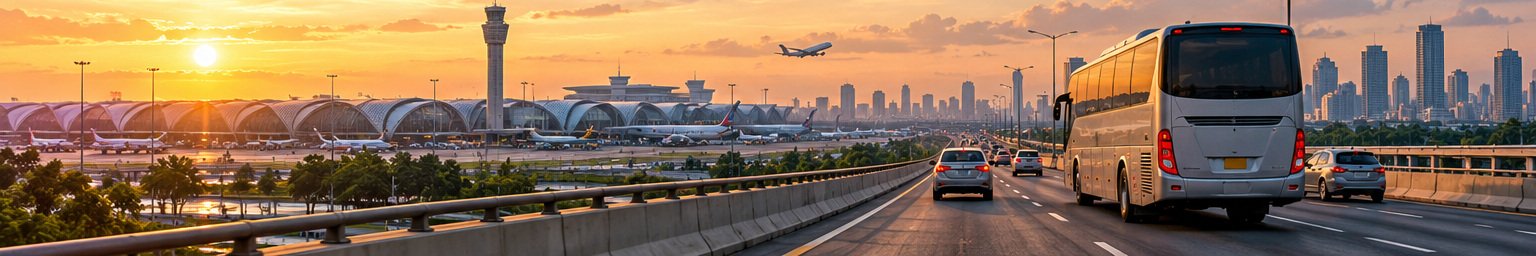 Original panoramic illustration of an airport coach and road traffic beside a Bangkok-style airport at sunset.