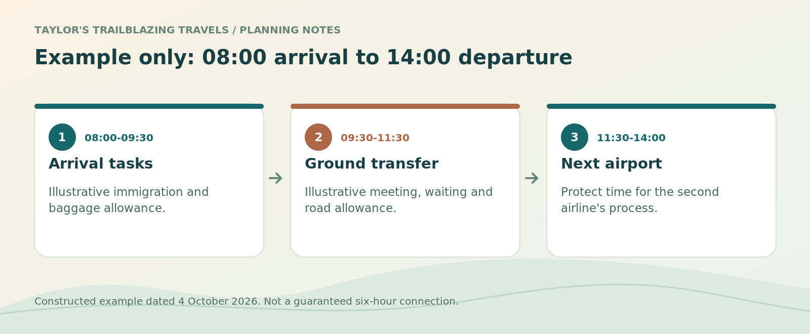 Example only: 08:00 arrival to 14:00 departure. Arrival tasks: Illustrative immigration and baggage allowance. Ground transfer: Illustrative meeting, waiting and road allowance. Next airport: Protect time for the second airline's process.