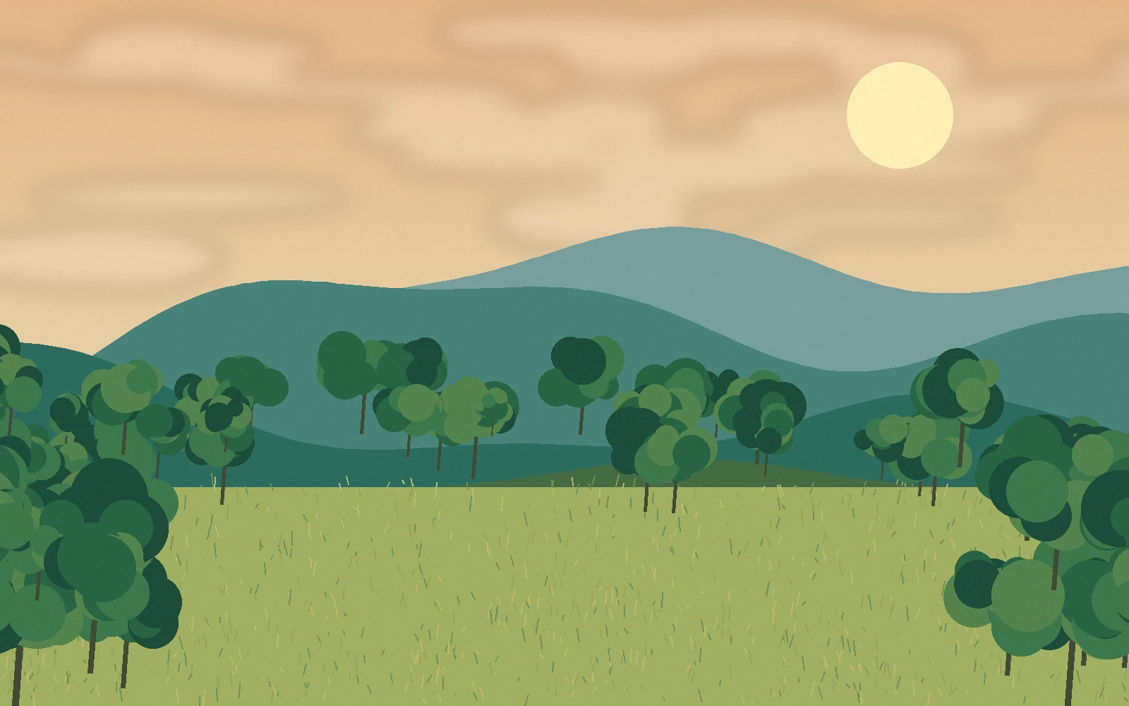Original illustration of open grassland and forest edges in warm evening light