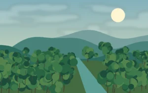 Original scenic illustration of a forested upland landscape inspired by Khao Yai