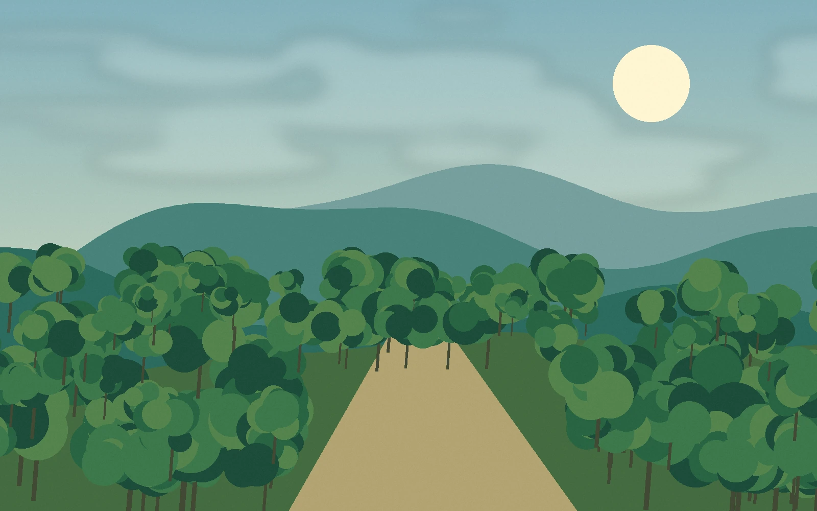 Original illustration of a shaded walking trail among large forest trees