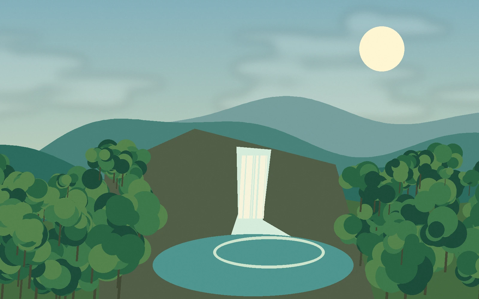 Original illustration of a waterfall dropping through a green forest ravine