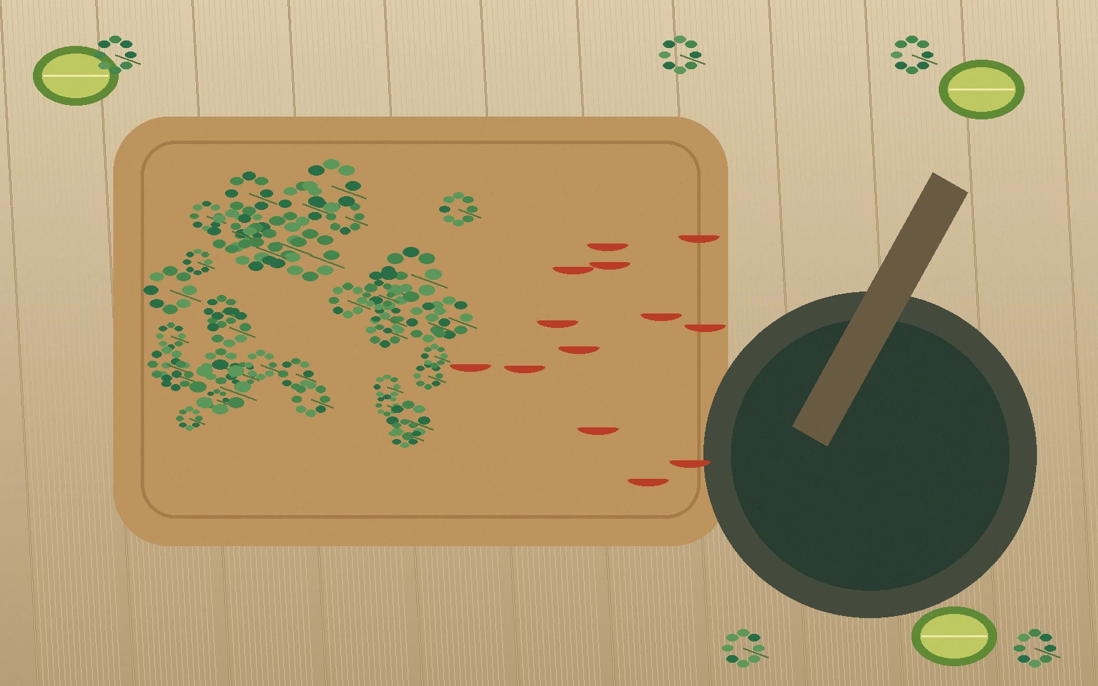 Original still-life illustration of herbs, chillies, lime and a mortar beside a cooking surface