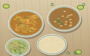 Original overhead illustration of rice, noodles, vegetables and curry on a shared Thai table