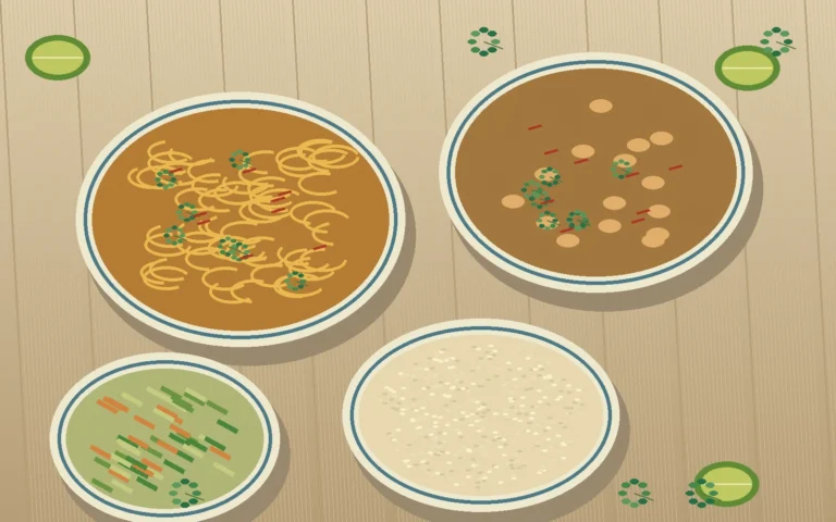 Original overhead illustration of rice, noodles, vegetables and curry on a shared Thai table