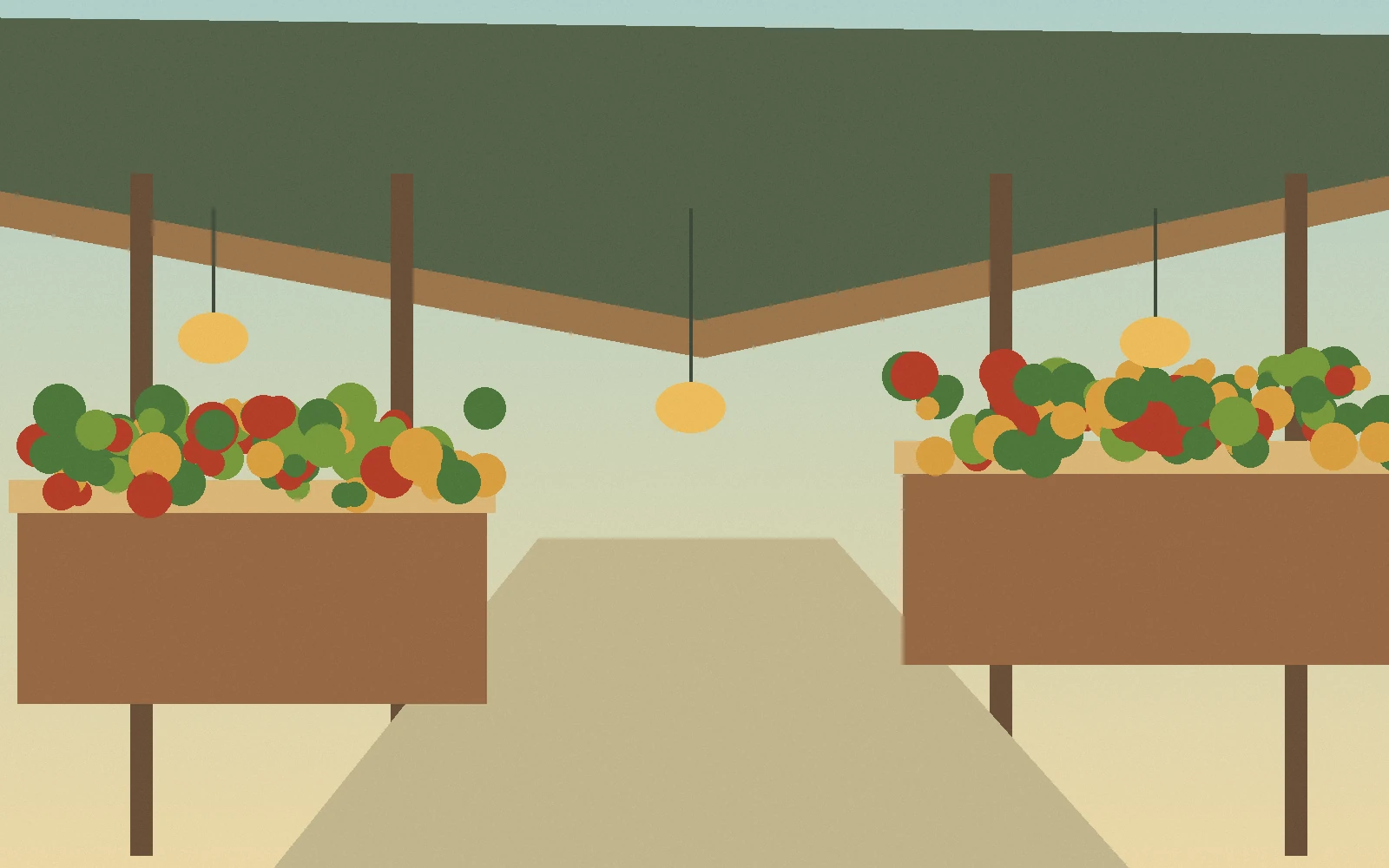 Original scenic illustration of a covered Thai market with produce and cooking stalls