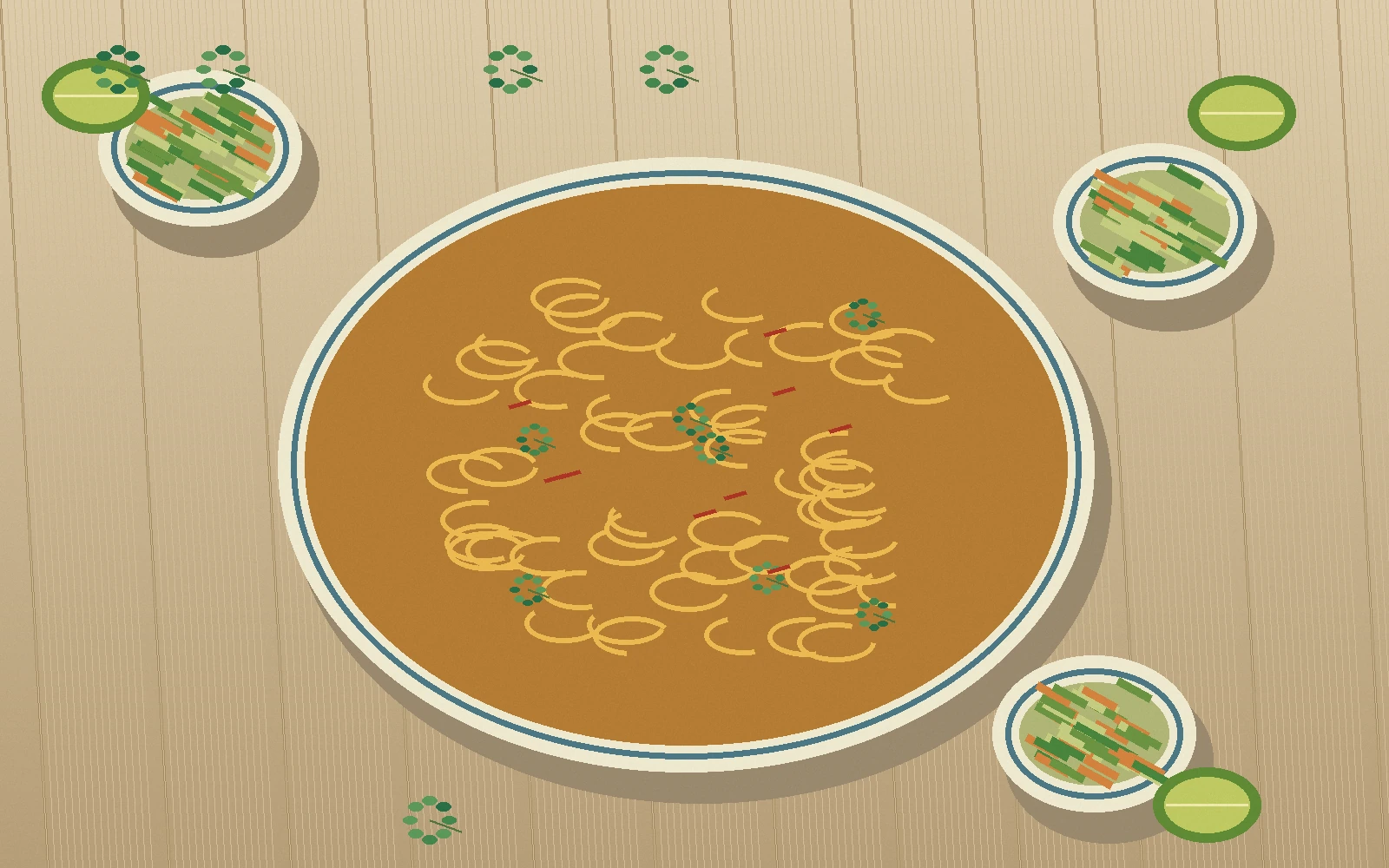 Original illustration of a northern-style noodle bowl with curry broth and separate condiments