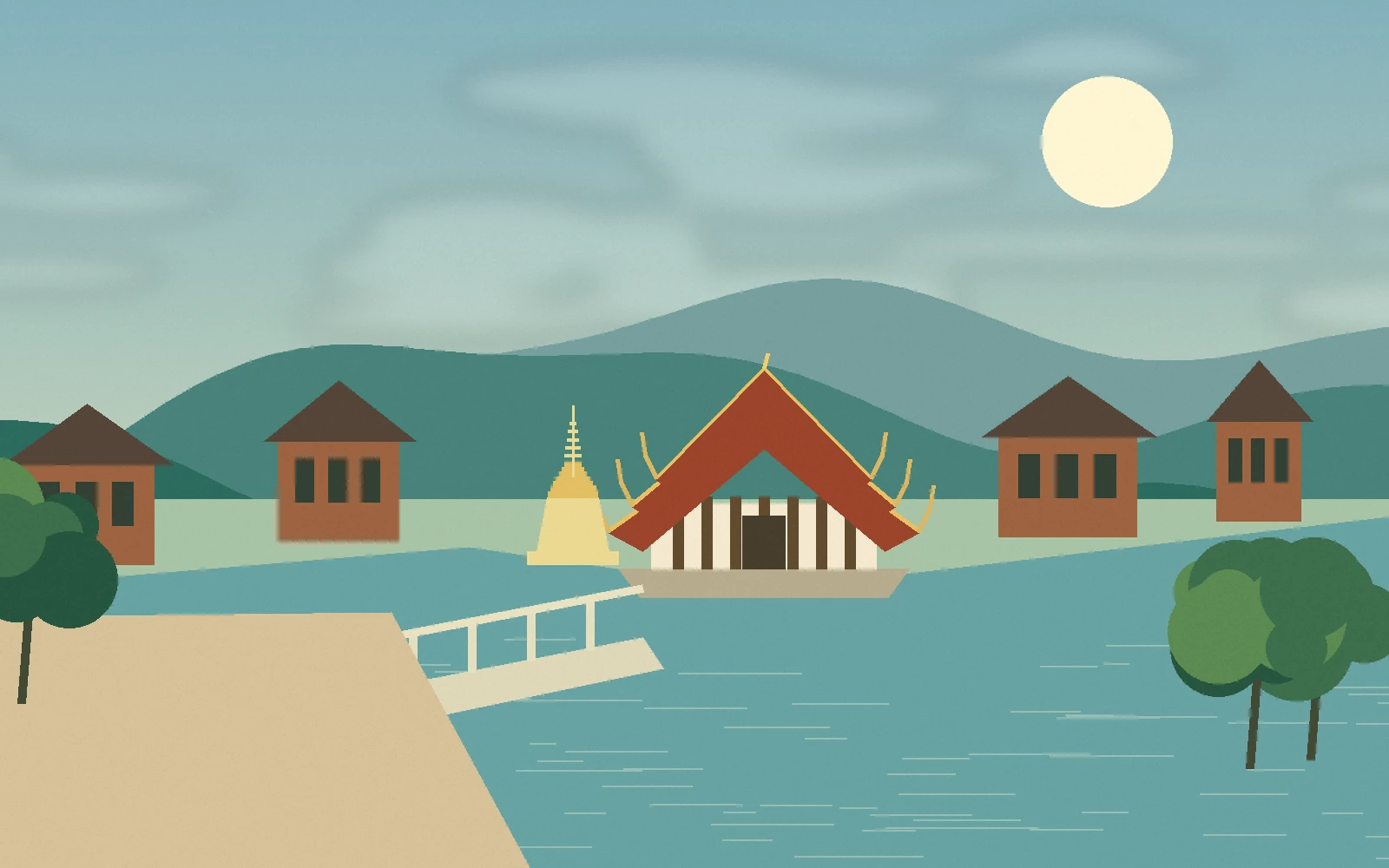 Original illustration of a northern Thai temple courtyard and a shaded city lane