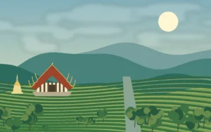 Original scenic illustration contrasting a northern Thai city edge with a mountain valley
