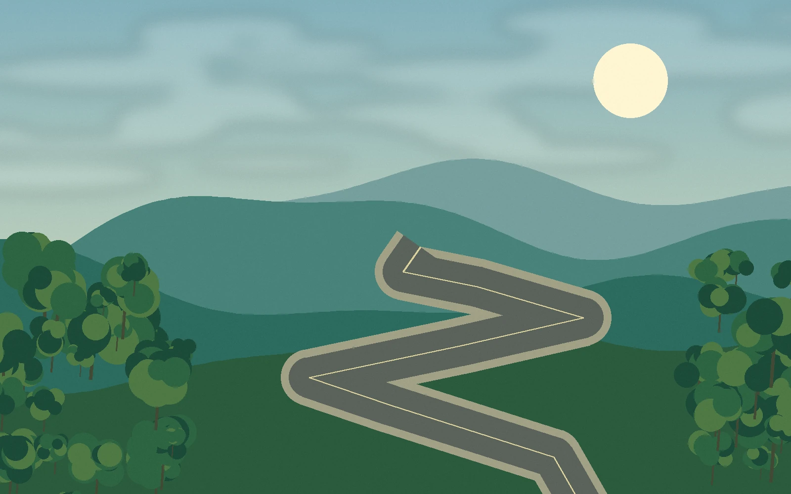 Original illustration of a winding road crossing forested northern hills
