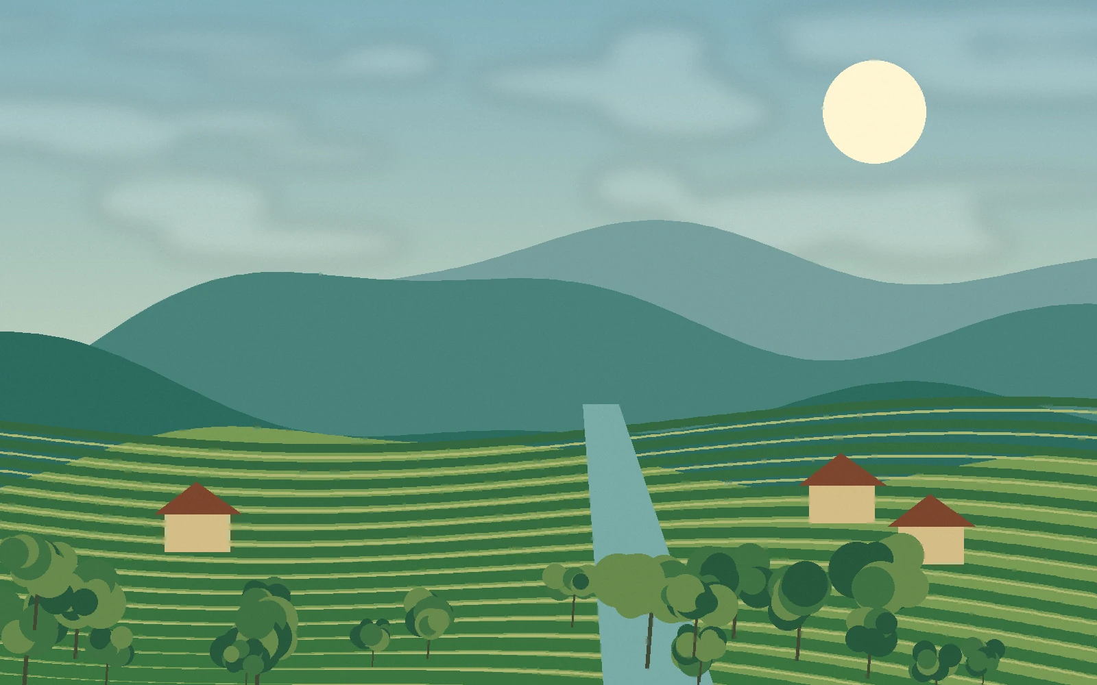 Original illustration of rice fields, a small riverside settlement and layered mountains
