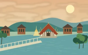 Original scenic illustration of wooden riverside buildings and a northern Thai temple in Lampang-inspired surroundings
