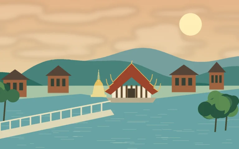 Original scenic illustration of wooden riverside buildings and a northern Thai temple in Lampang-inspired surroundings