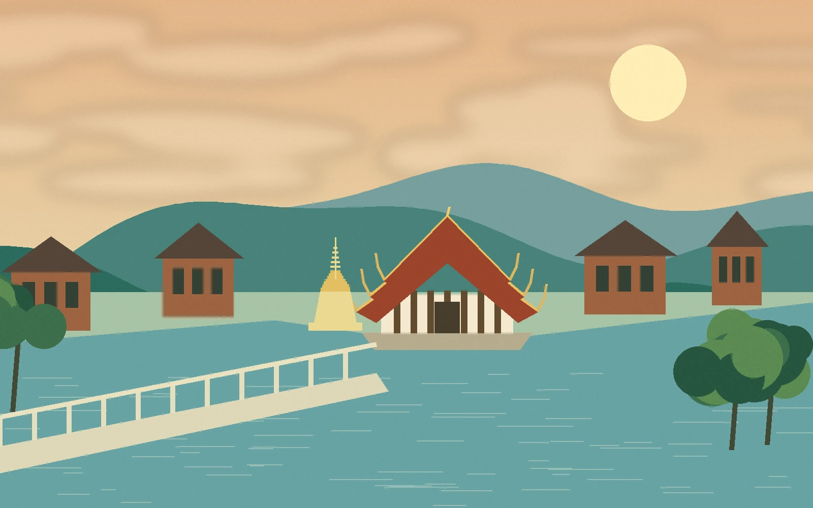 Original scenic illustration of wooden riverside buildings and a northern Thai temple in Lampang-inspired surroundings