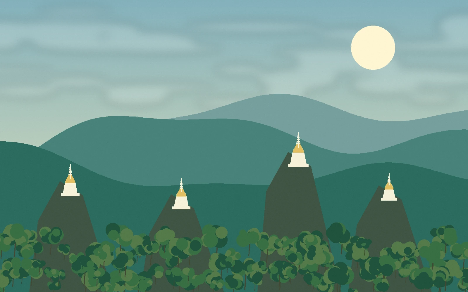 Original landscape illustration of small white pagodas on steep green mountain peaks