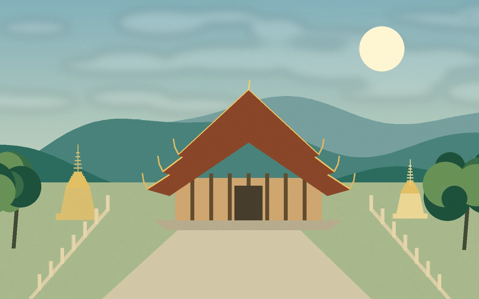 Original illustration of a northern wooden temple hall and a traditional stupa