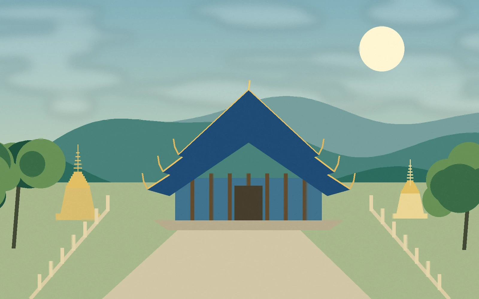 Original illustration of blue-and-gold northern Thai temple architecture