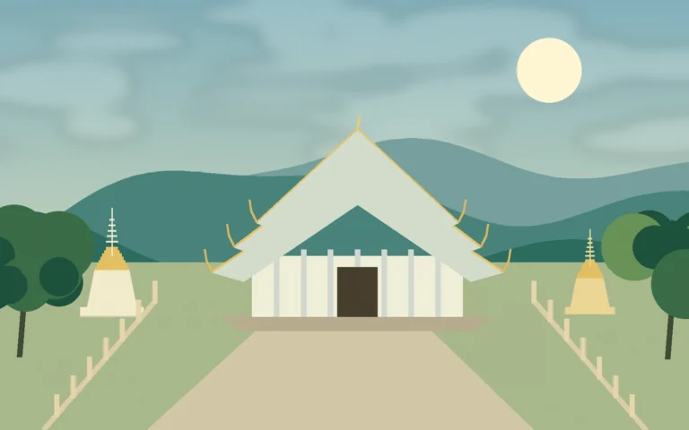 Original scenic illustration of white northern-Thai-inspired temple forms with green hills beyond