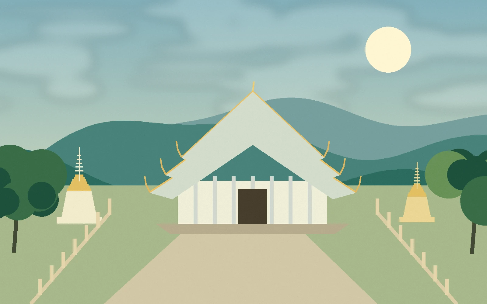 Original scenic illustration of white northern-Thai-inspired temple forms with green hills beyond