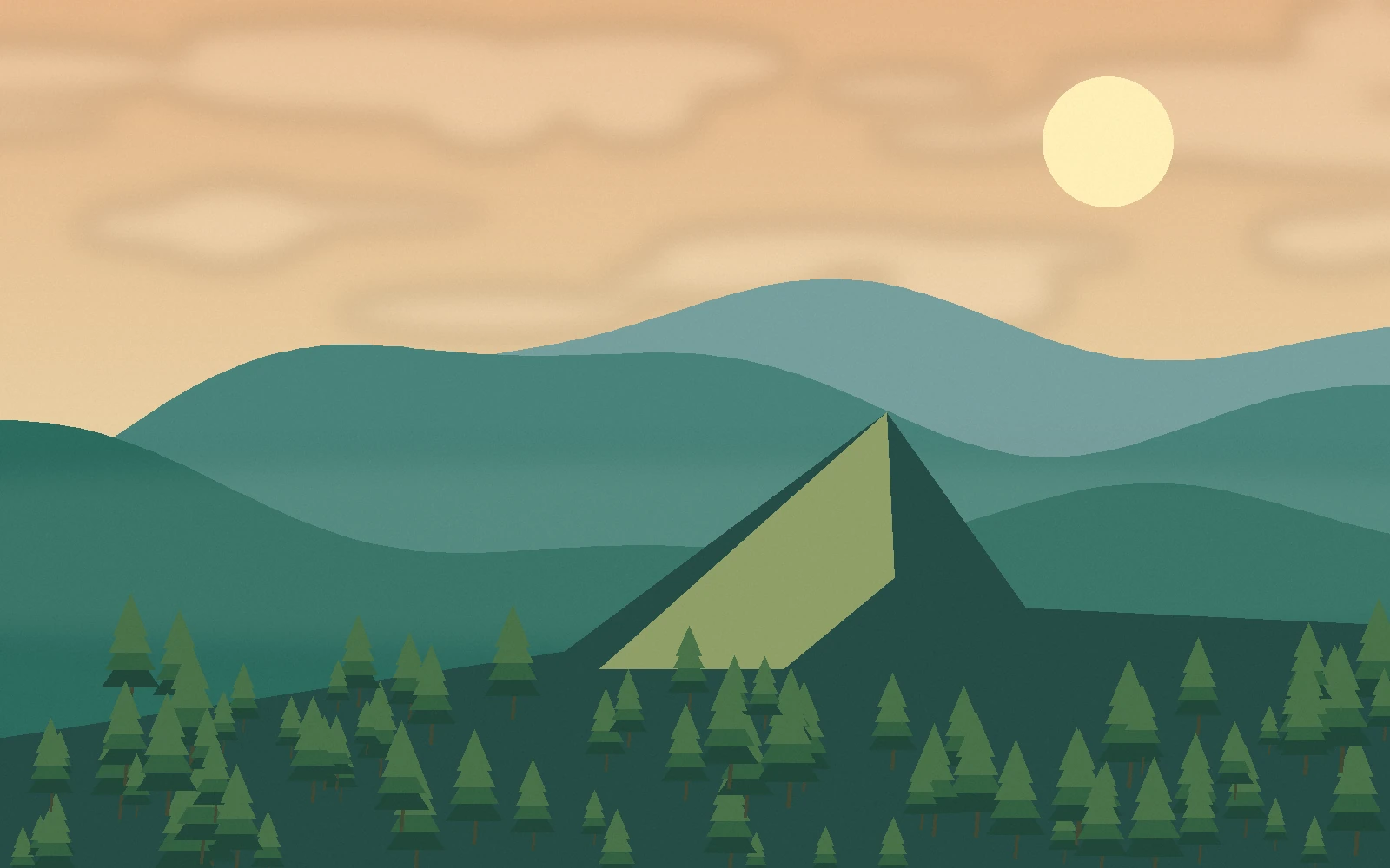 Original illustration of a pointed ridge above mist-filled northern valleys at dawn