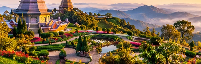Original illustration of northern Thai mountain gardens and pagodas above misty green hills.