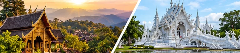 Original comparative illustration showing a golden Chiang Mai-inspired temple and white Chiang Rai-inspired architecture.