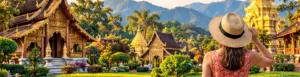 Original illustration of a golden northern Thai temple courtyard with visitors and greenery.