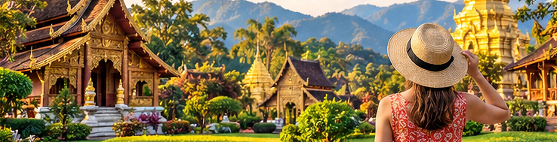 Original illustration of a golden northern Thai temple courtyard with visitors and greenery.
