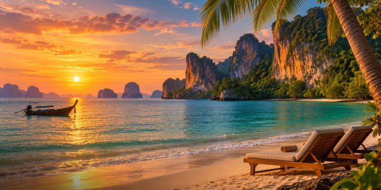 Original illustration of two empty loungers overlooking a quiet Krabi-style beach, limestone cliffs and a long-tail boat at sunset.
