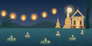 Original evening illustration of candlelit floats on a Thai temple pond beneath decorative hanging lanterns.