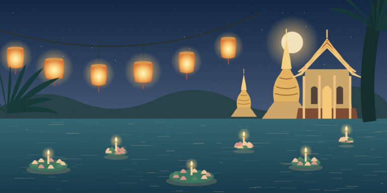 Original evening illustration of candlelit floats on a Thai temple pond beneath decorative hanging lanterns.