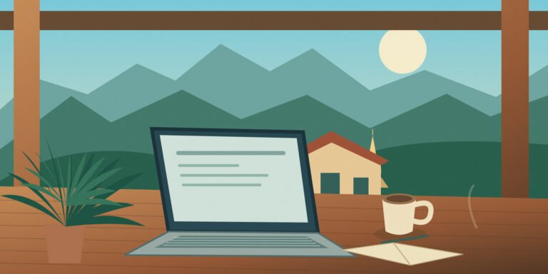 Original illustration of a laptop and notebook on a shaded desk overlooking a green northern Thai courtyard and distant hills.