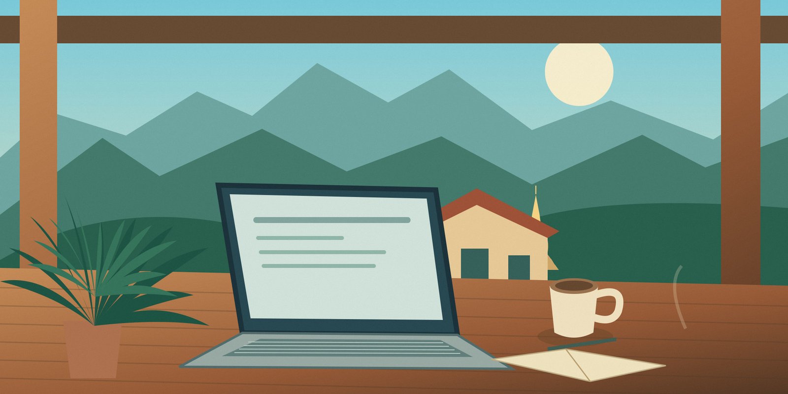 Original illustration of a laptop and notebook on a shaded desk overlooking a green northern Thai courtyard and distant hills.
