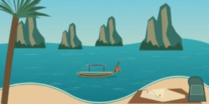 Original illustration of a Thai coastal landscape with limestone hills, a long-tail boat and a traveller’s notebook in the foreground.