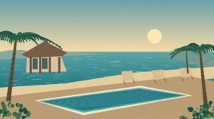 Original illustrated Koh Samui-inspired beach resort scene with palms, a pool and a calm bay; no specific hotel is depicted.
