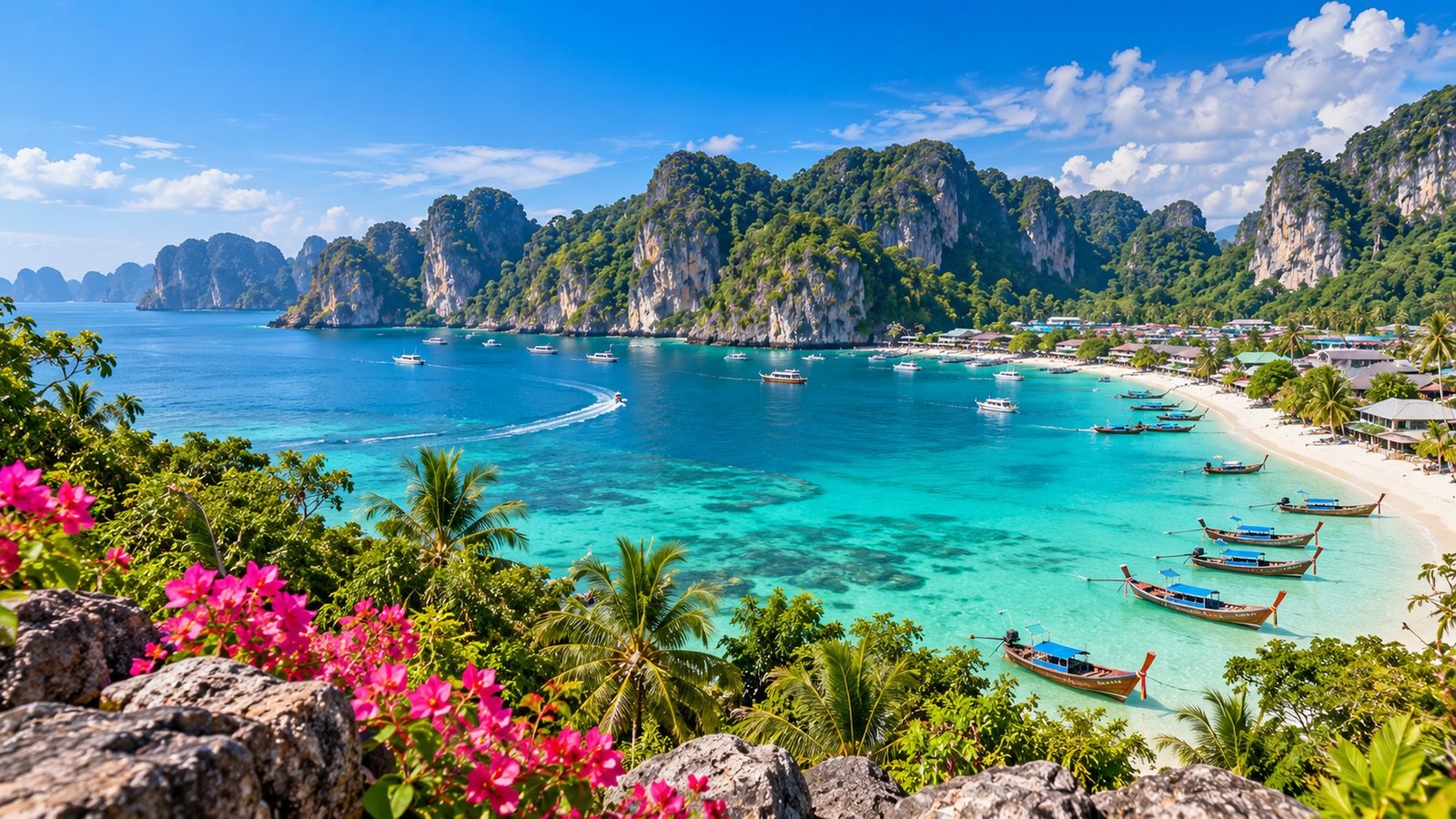 Original generated illustration of a Phi Phi-inspired limestone island bay, turquoise water, long-tail boats and tropical greenery.
