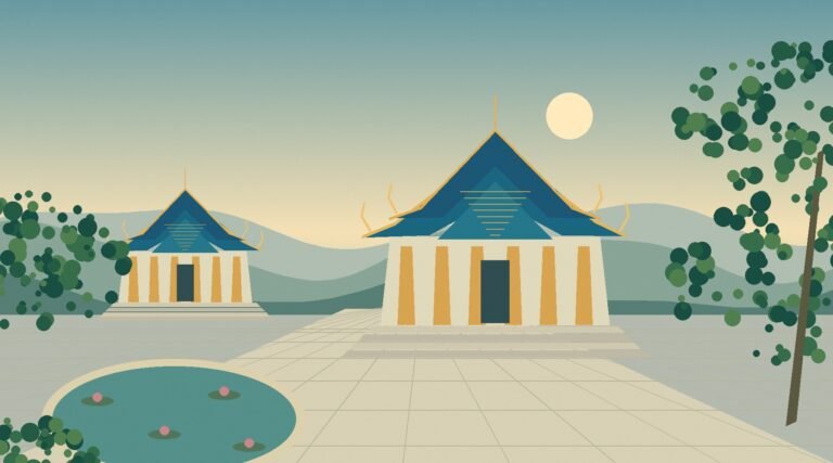 Original illustrated northern Thai temple courtyard with ornate blue and gold roofs, trees and layered Chiang Rai-inspired hills.