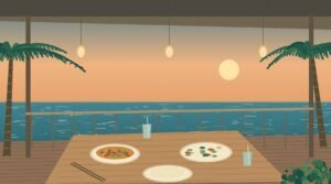 Original illustration of an open-air Samui-inspired restaurant terrace with a wooden table, Thai dishes, palms and a sunset sea view.