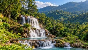 Original illustration of a layered waterfall in a lush Thai forest
