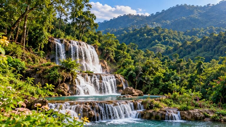 Original illustration of a layered waterfall in a lush Thai forest